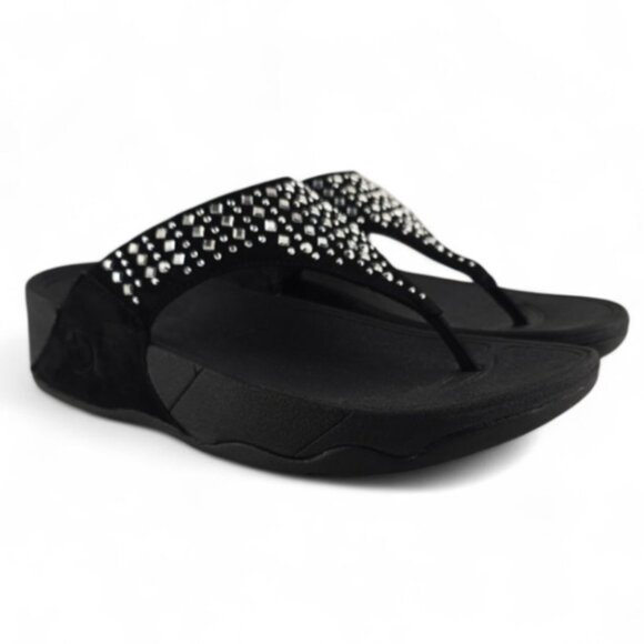 FITFLOP Women's Black Novy Stud Rhinestone Thong Wedge Sandals Wobbleboard Sz 6 - Picture 2 of 12